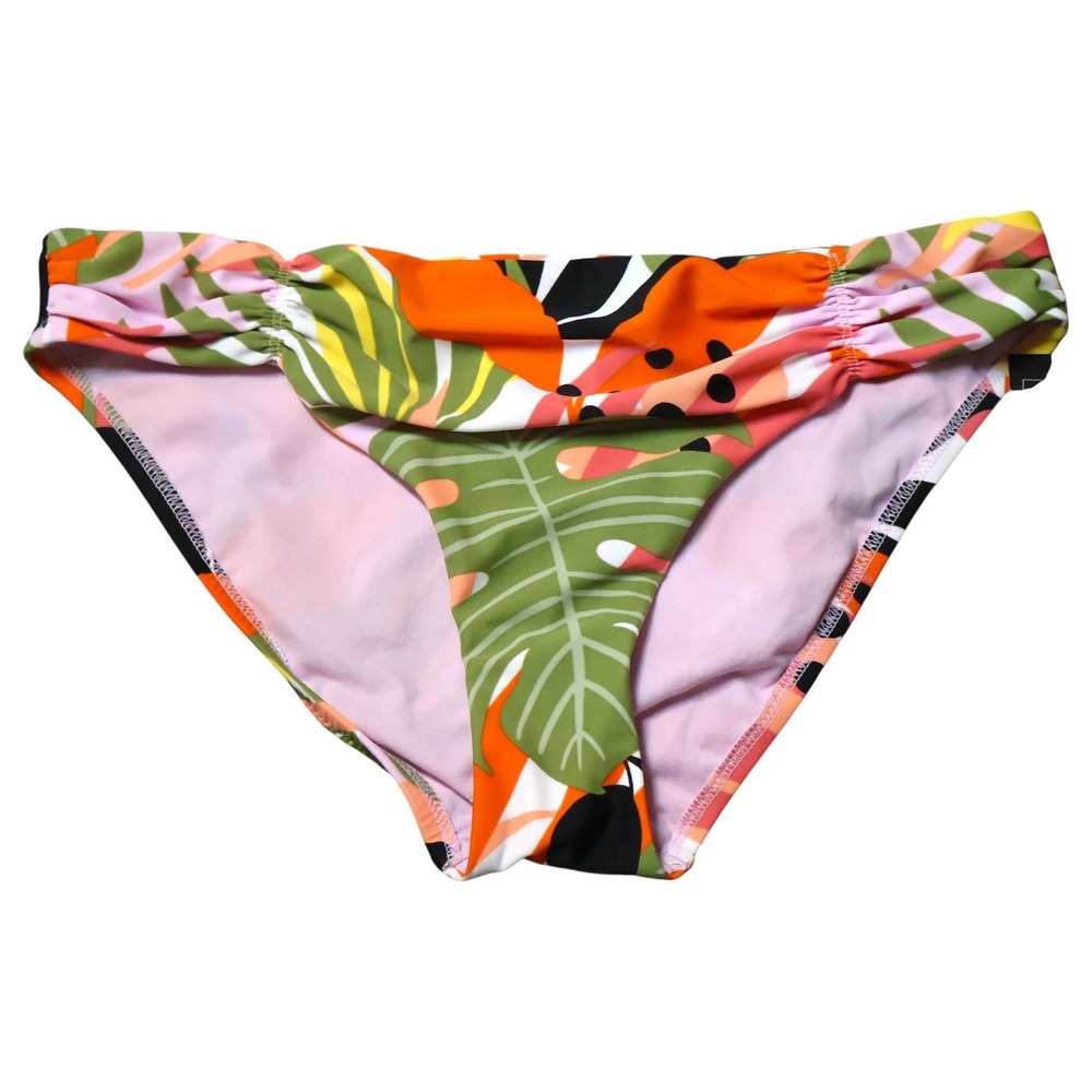 Bar III Bikini Bottom M Pink Orange Tropical Leaf Print Hipster Jungalow Modern